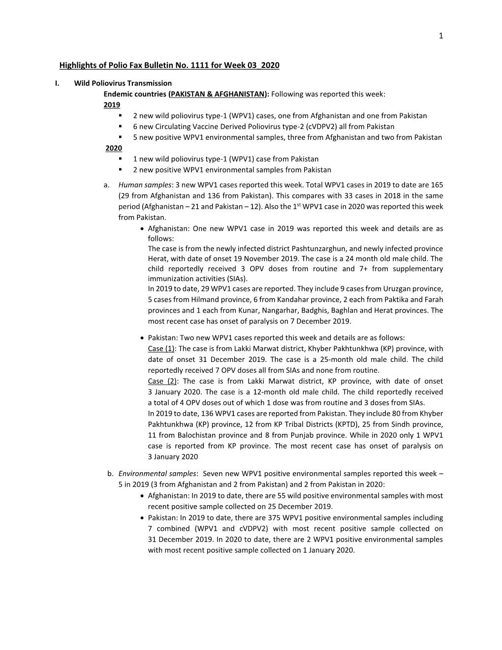 1 Highlights of Polio Fax Bulletin No. 1111 for Week 03 2020