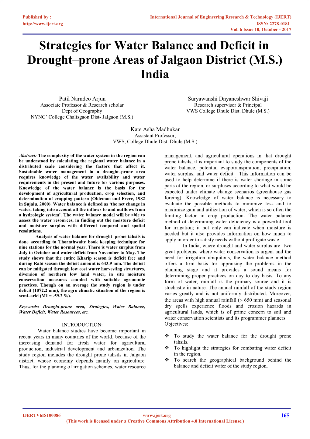 Strategies for Water Balance and Deficit in Drought–Prone Areas of Jalgaon District (M.S.) India