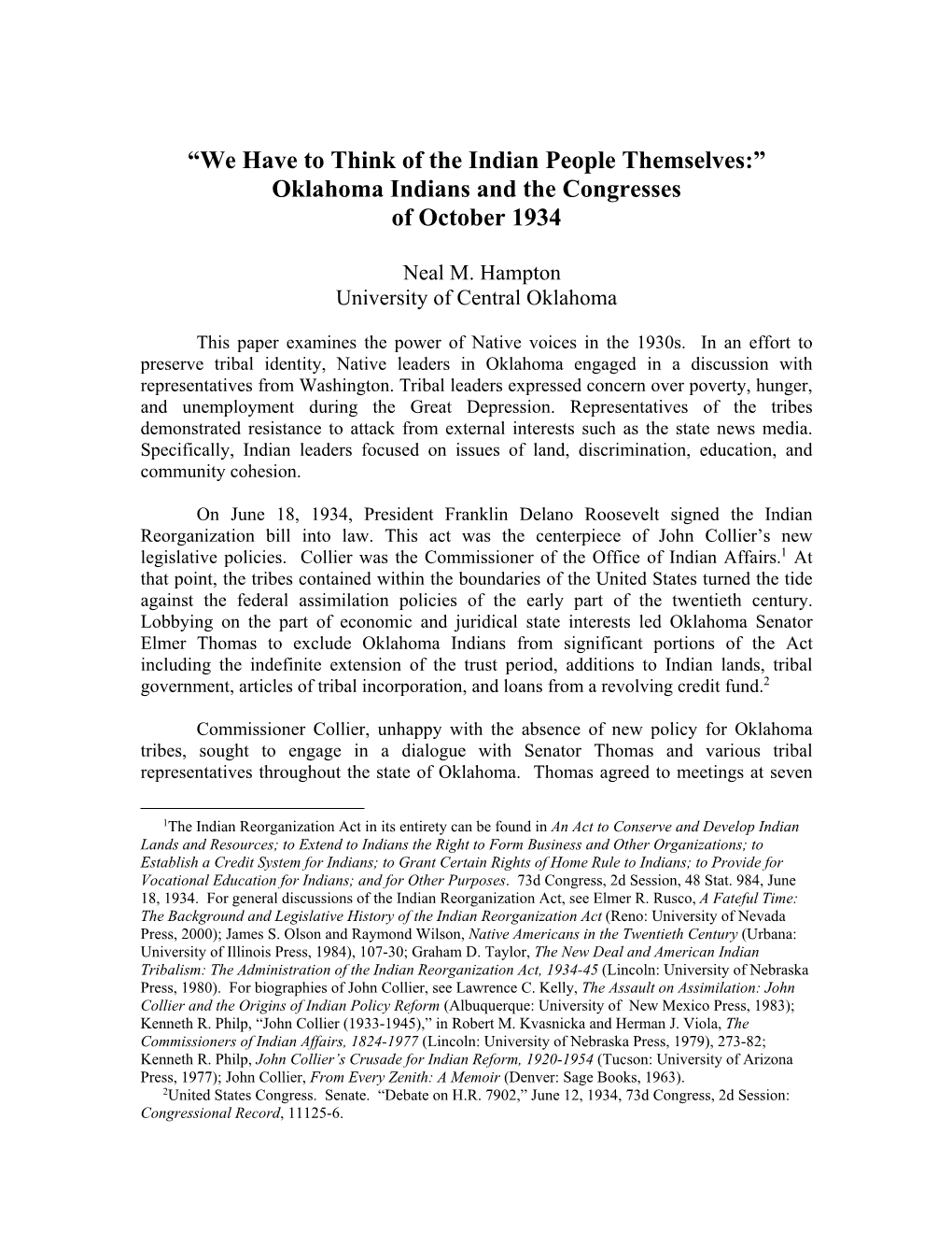 Oklahoma Indians and the Congresses of October 1934