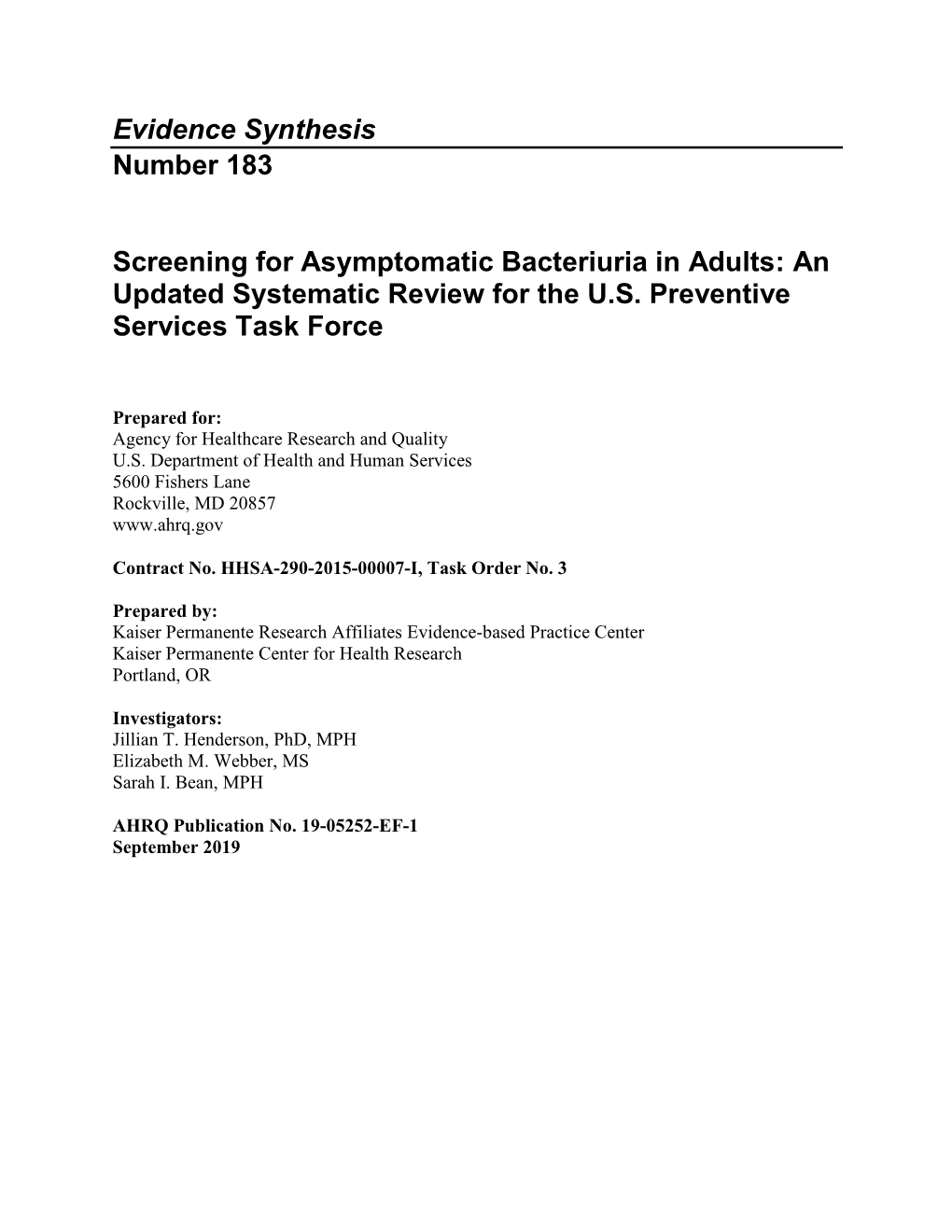 Screening for Asymptomatic Bacteriuria in Adults: an Updated Systematic Review for the U.S