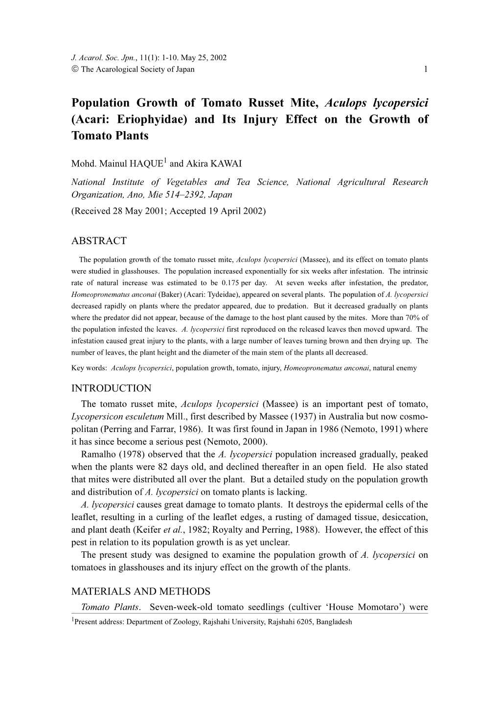 Population Growth of Tomato Russet Mite, Aculops Lycopersici (Acari: Eriophyidae) and Its Injury Effect on the Growth of Tomato Plants