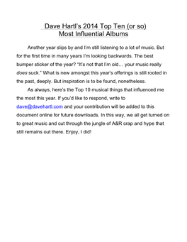 Dave Hartl's 2014 Top Ten (Or So) Most Influential Albums