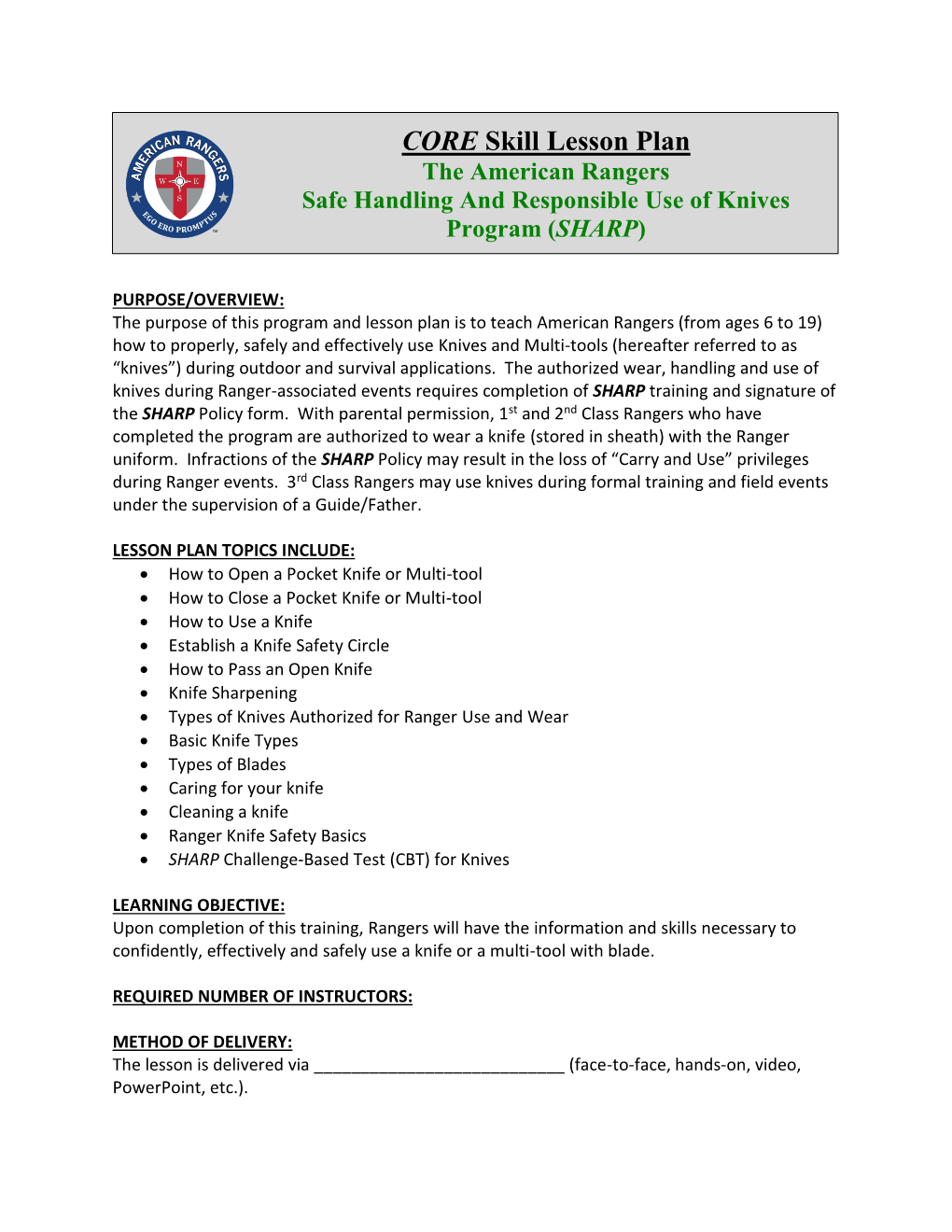 CORE Skill Lesson Plan the American Rangers Safe Handling and Responsible Use of Knives Program (SHARP)