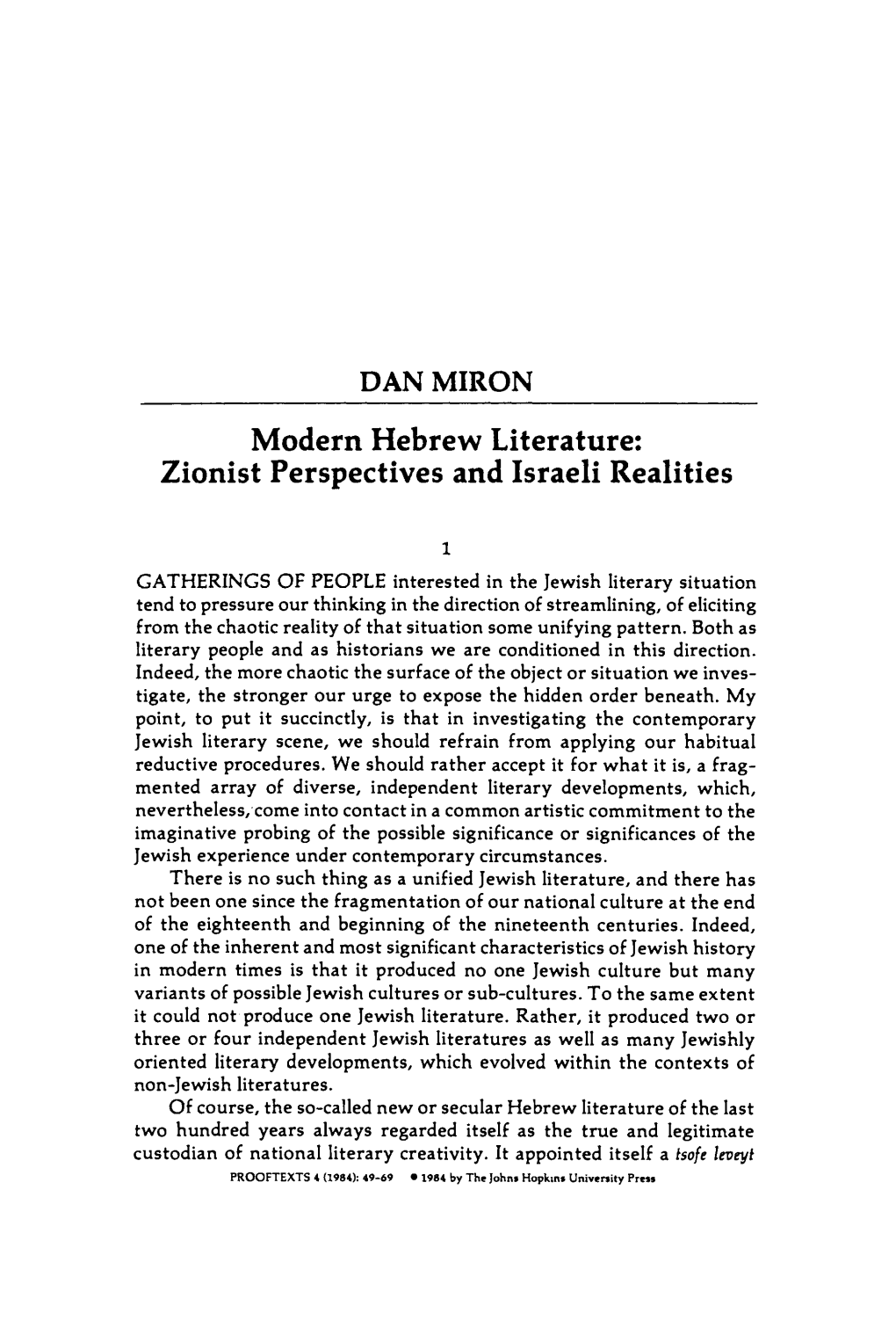 Modern Hebrew Literature: Zionist Perspectives and Israeli Realities