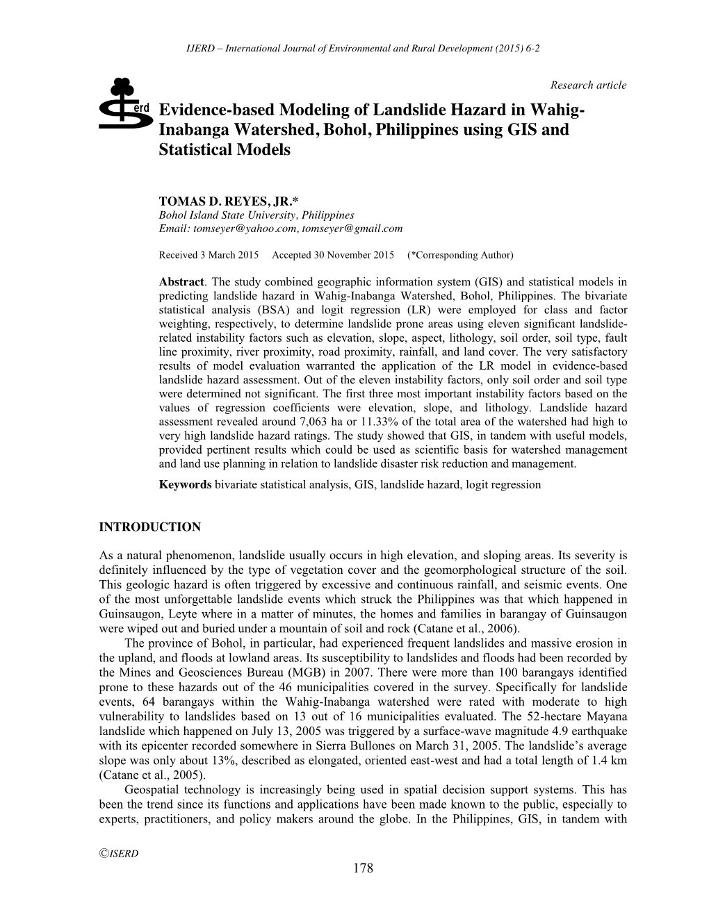 Evidence-Based Modeling of Landslide Hazard in Wahig- Inabanga ...