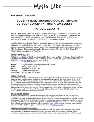 Country Music Duo Sugarland to Perform Outdoor Concert at Mystic Lake July 3