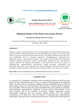 Biological Studies of the Plants from Genus Pluchea