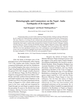 Historiography and Commentary on the Nepal - India Earthquake of 26 August 1833