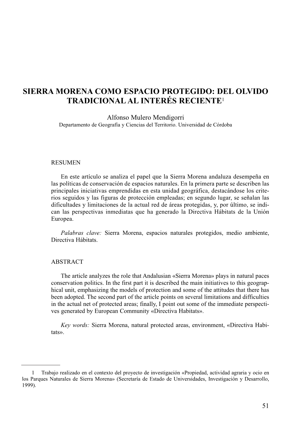 Sierra Morena Como Espacio Protegido: Del Olvido Tradicional Al Interés Reciente1