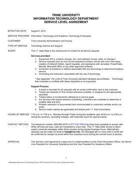 Trine University Information Technology Department Service Level Agreement