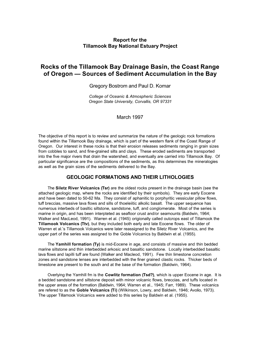 Rocks of the Tillamook Bay Drainage Basin, the Coast Range of Oregon — Sources of Sediment Accumulation in the Bay