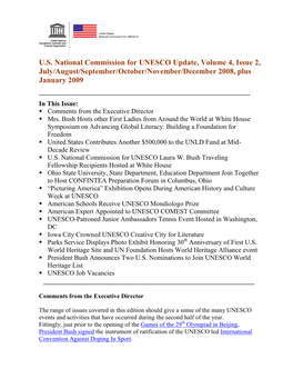 U.S. National Commission for UNESCO Update, Volume 4, Issue 2, July/August/September/October/November/December 2008, Plus January 2009