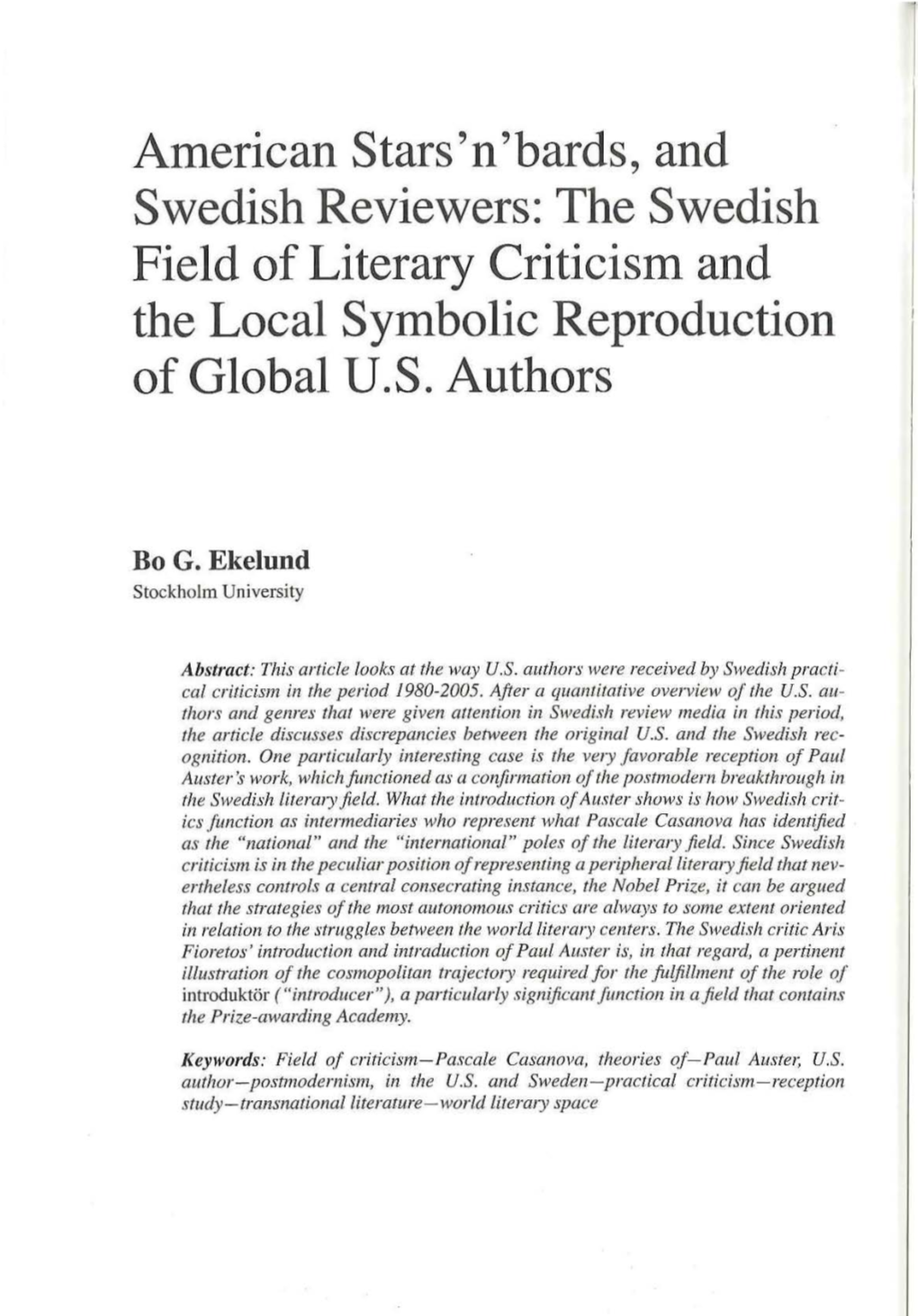 The Swedish Field of Literary Criticism and the Local Symbolic Reproduction of Global U.S