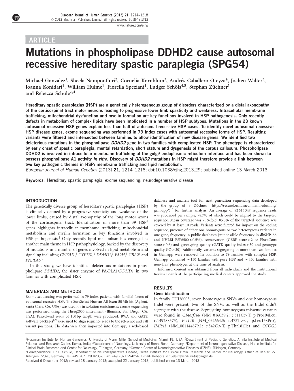 Mutations in Phospholipase DDHD2 Cause Autosomal Recessive Hereditary Spastic Paraplegia (SPG54)