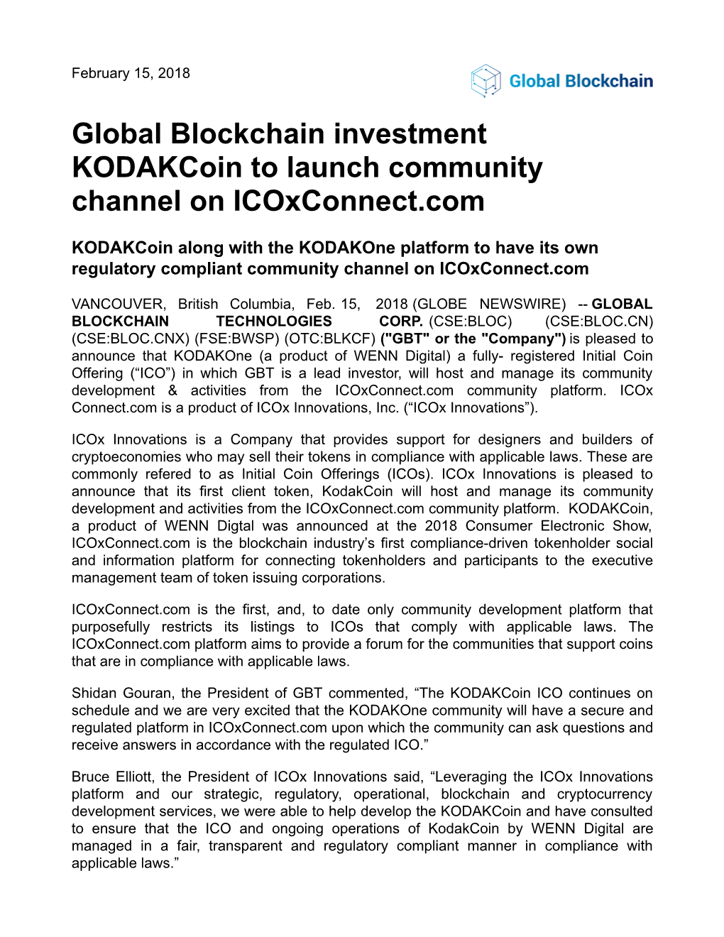 Global Blockchain Investment Kodakcoin to Launch Community Channel on Icoxconnect.Com