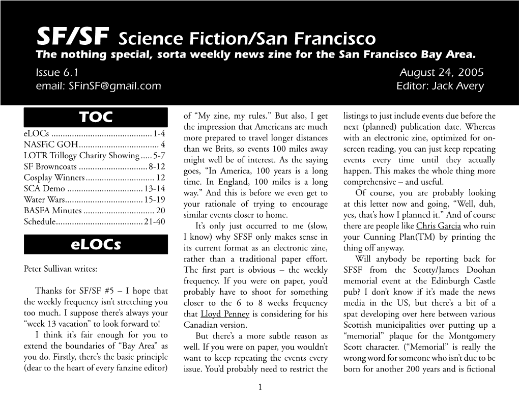 SF/SF Science Fiction/San Francisco the Nothing Special, Sorta Weekly News Zine for the San Francisco Bay Area