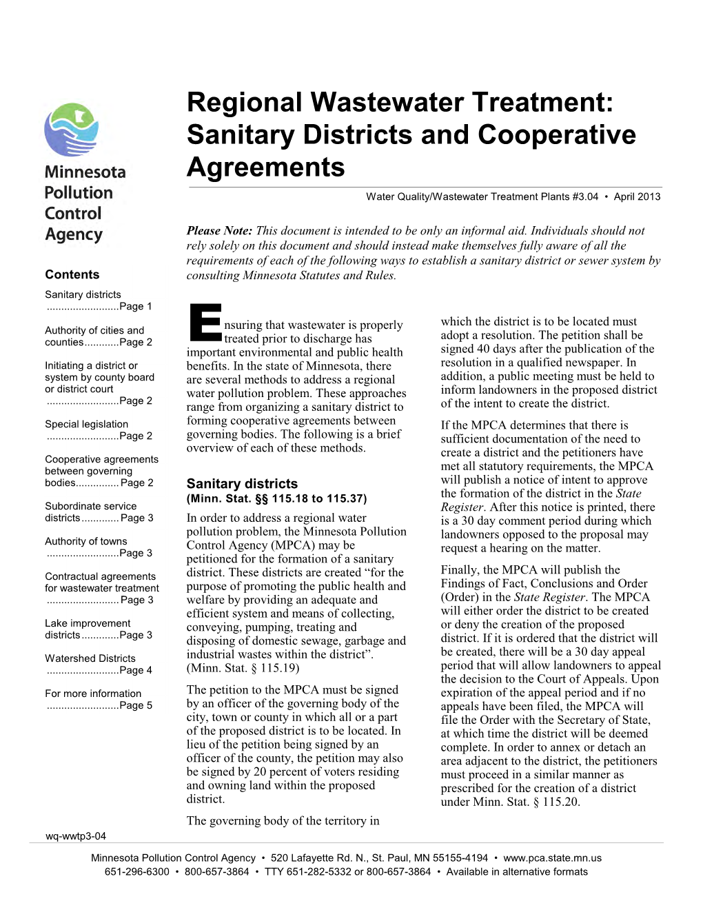 Regional Wastewater Treatment Sanitary Districts and Cooperative