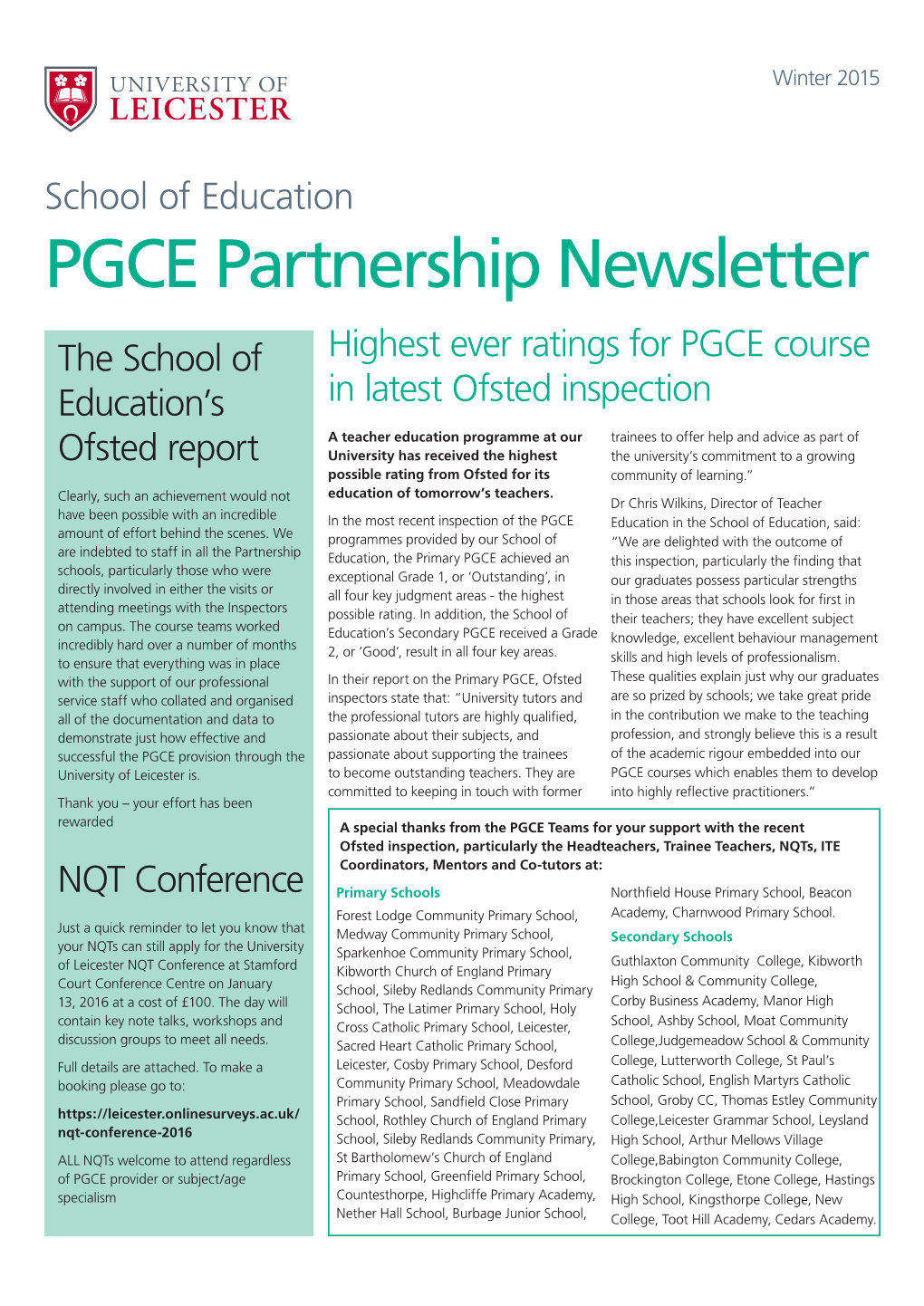 PGCE Newsletter Winter 2015 V2.Indd