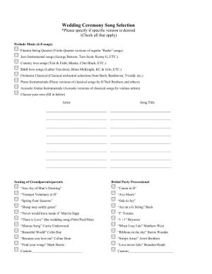 Wedding Ceremony Song Selection *Please Specify If Specific Version Is Desired (Check All That Apply)