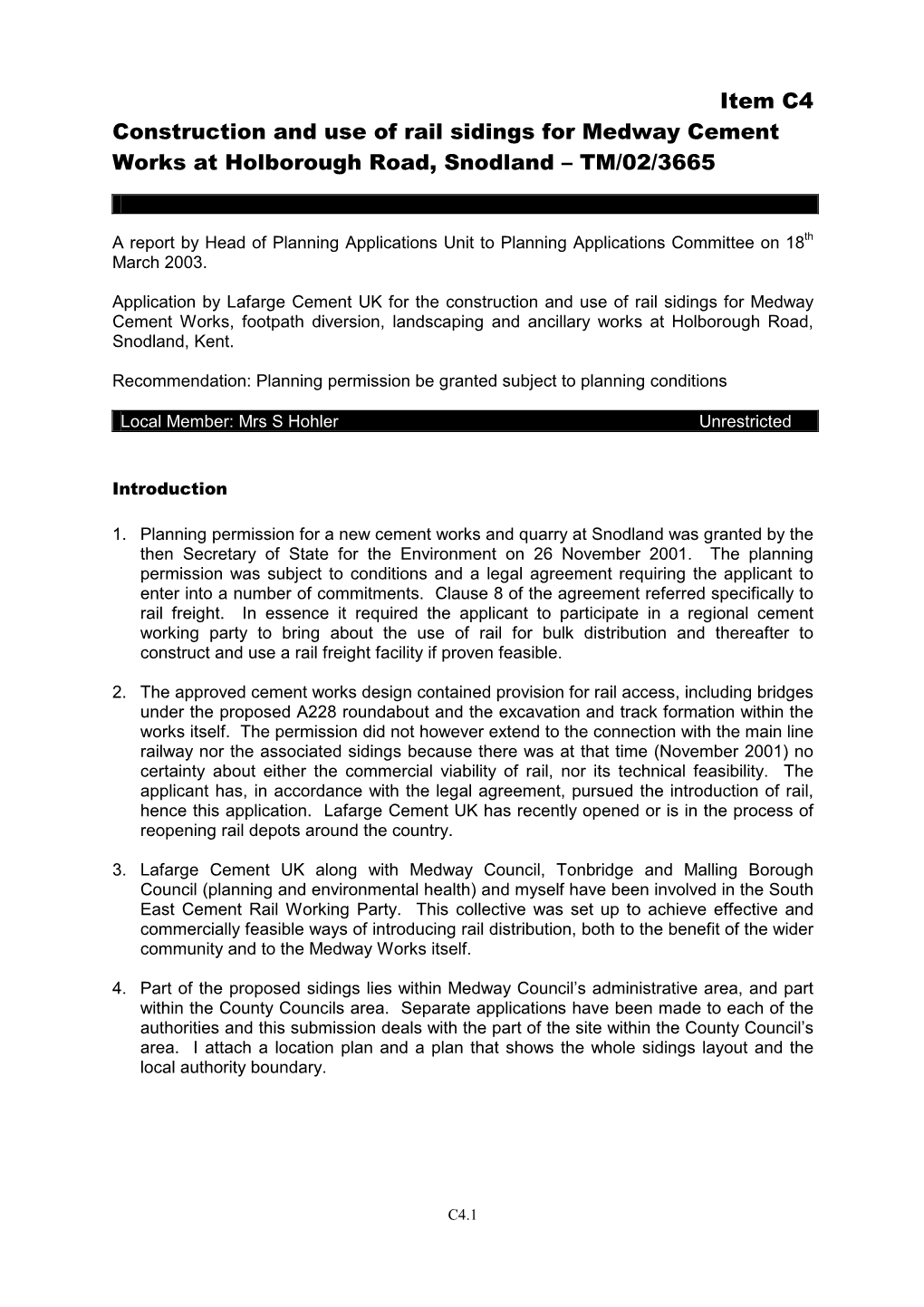 Item C4 Construction and Use of Rail Sidings for Medway Cement Works at Holborough Road, Snodland – TM/02/3665