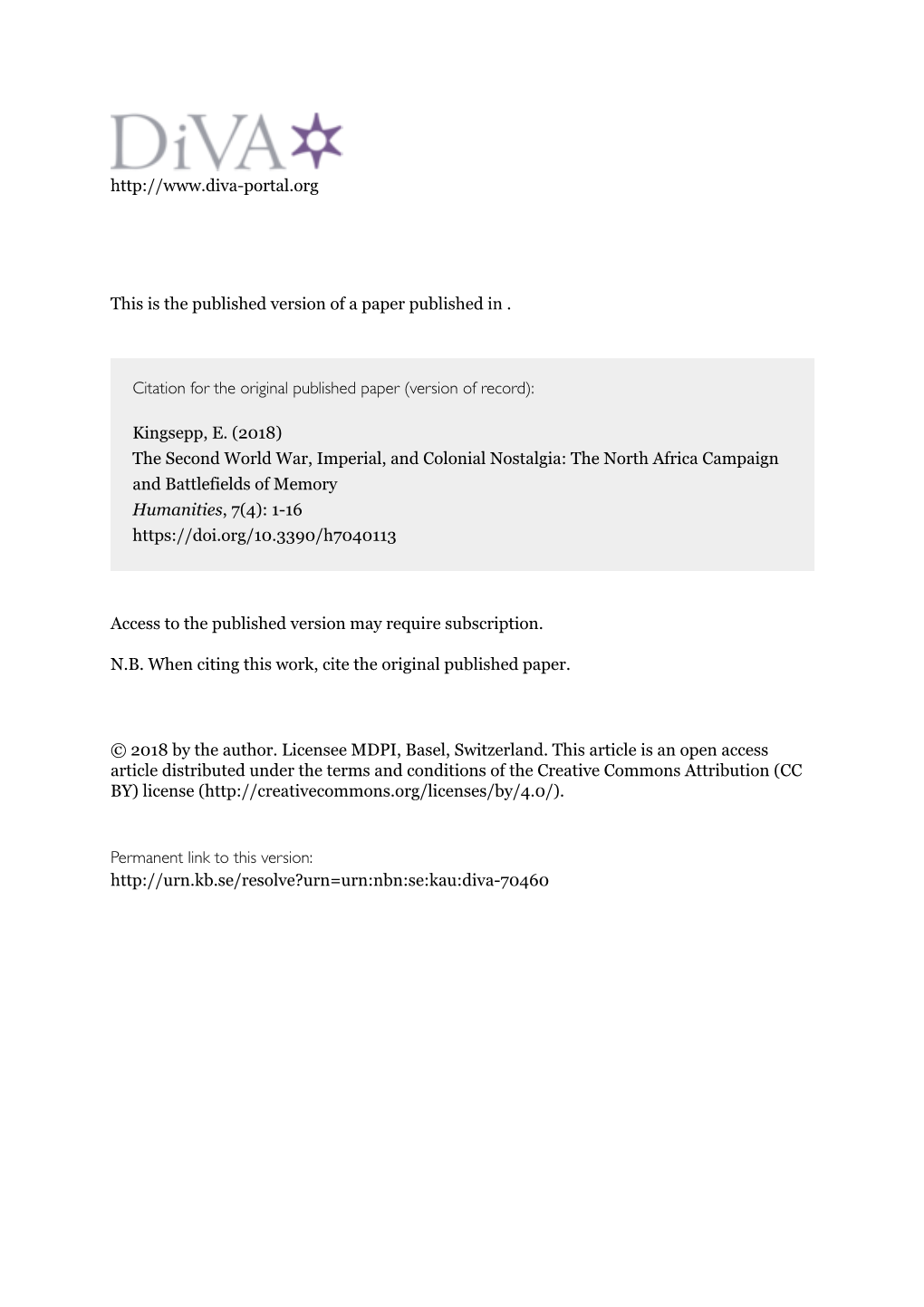 The Second World War, Imperial, and Colonial Nostalgia: the North Africa Campaign and Battlefields of Memory Humanities, 7(4): 1-16