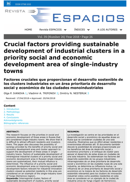 Crucial Factors Providing Sustainable Development of Industrial Clusters in a Priority Social and Economic Development Area of Single-Industry Towns