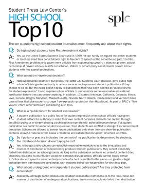 HIGH SCHOOL Top10 the Ten Questions High School Student Journalists Most Frequently Ask About Their Rights