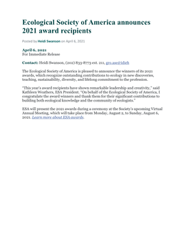 Ecological Society of America Announces 2021 Award Recipients