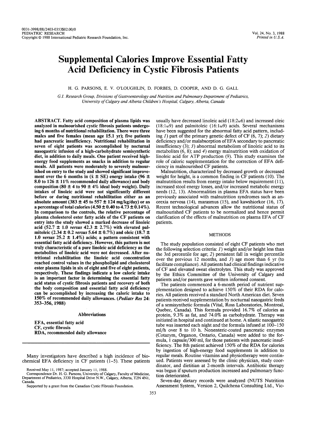 Supplemental Calories Improve Essential Fatty Acid Deficiency in Cystic Fibrosis Patients