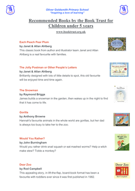 Recommended Books by the Book Trust for Children Under 5 Years