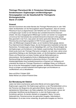 Sondershausen: Ergänzungen Und Berichtigungen Herausgegeben Von Der Gesellschaft Für Thüringische Kirchengeschichte Stand: 21.4.2020