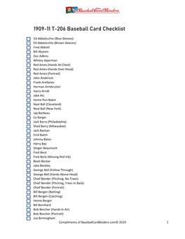 1909-11 T-206 Baseball Card Checklist