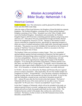 Mission Accomplished Bible Study: Nehemiah 1-6 Historical Context Leader Comment