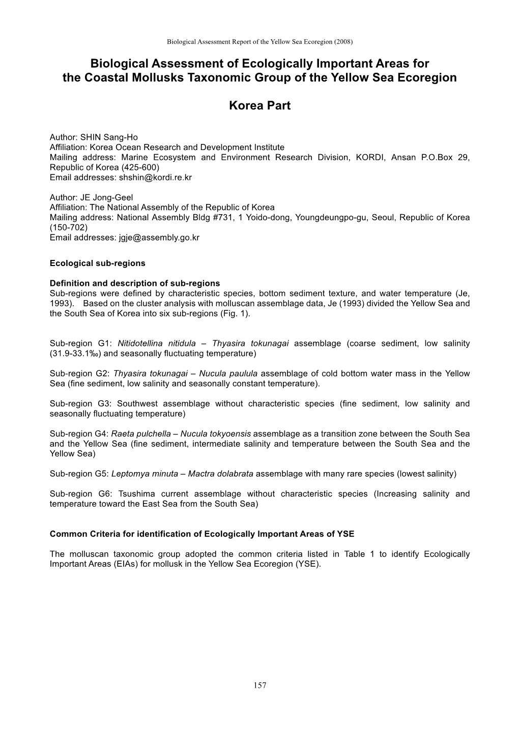 Biological Assessment of Ecologically Important Areas for the Coastal Mollusks Taxonomic Group of the Yellow Sea Ecoregion Kore