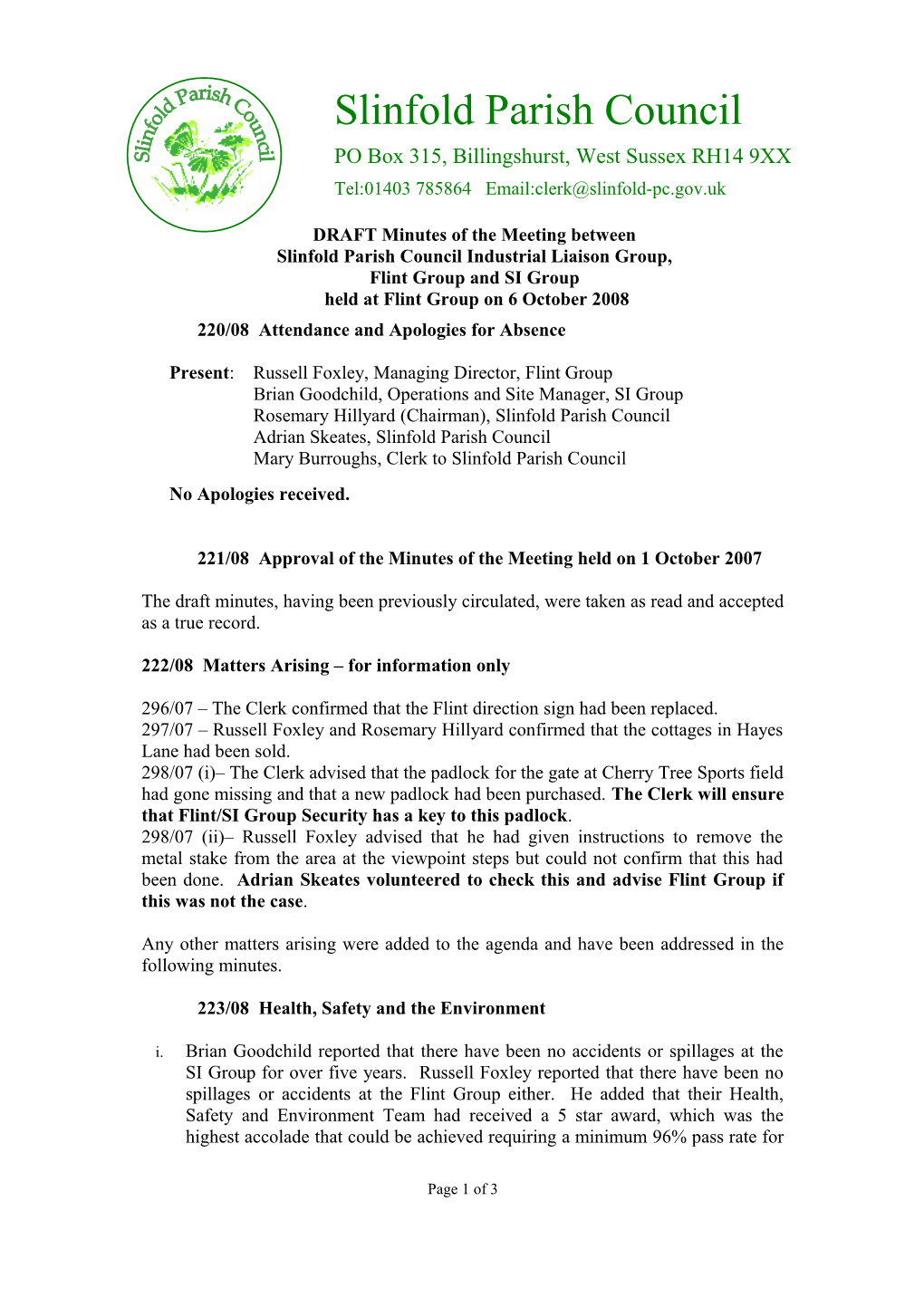 Slinfold Parish Council Minutes of the Industrial Liaison Group Meeting