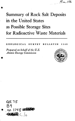 Summary of Rock Salt Deposits in the United States As Possible Storage Sites for Radioactive Waste Materials