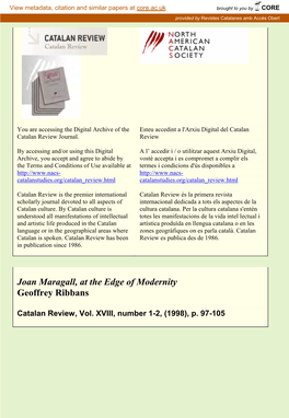 Joan Maragall, at the Edge of Modernity Geoffrey Ribbans