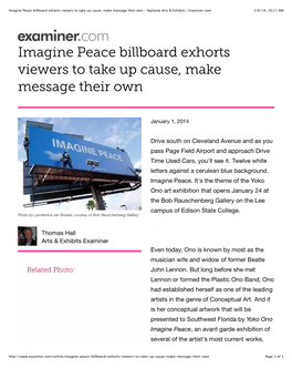 Imagine Peace Billboard Exhorts Viewers to Take up Cause, Make Message Their Own - National Arts & Exhibits | Examiner.Com 1/6/14, 10:21 AM