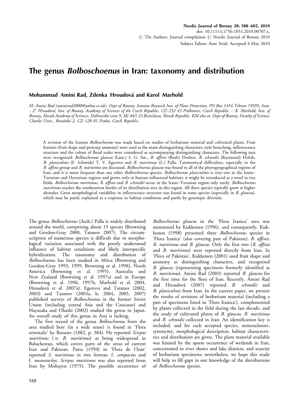 The Genus Bolboschoenus in Iran: Taxonomy and Distribution