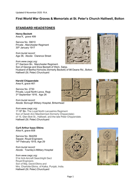 First World War Graves & Memorials at St. Peter's Church Halliwell, Bolton