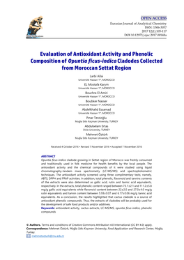 Evaluation of Antioxidant Activity and Phenolic Composition of Opuntia Ficus-Indica Cladodes Collected from Moroccan Settat Region