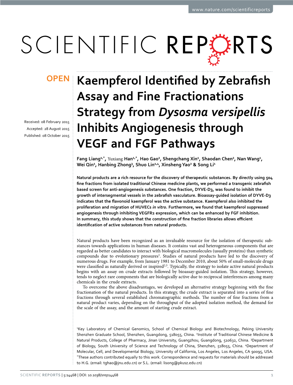 Kaempferol Identified by Zebrafish Assay and Fine Fractionations