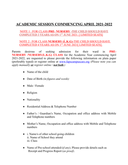 Academic Session Commencing April 2021-2022