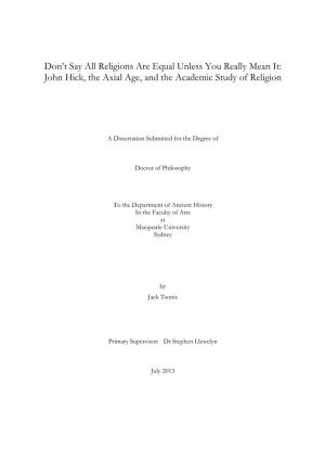 John Hick, the Axial Age, and the Academic Study of Religion