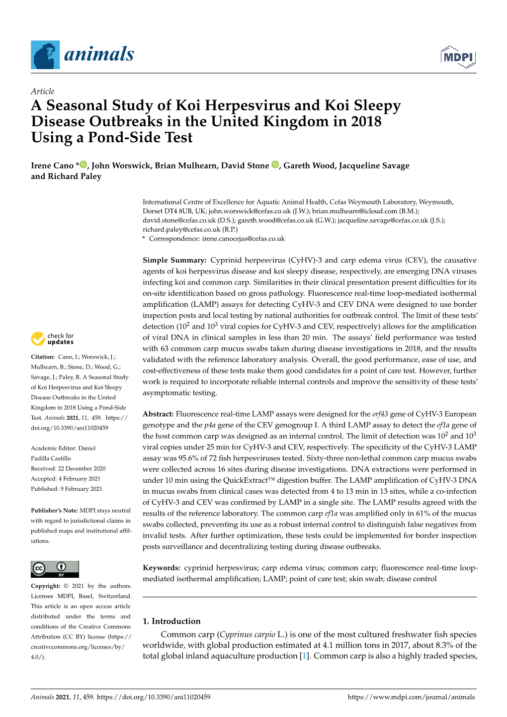 A Seasonal Study of Koi Herpesvirus and Koi Sleepy Disease Outbreaks in the United Kingdom in 2018 Using a Pond-Side Test