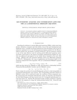 LIE SYMMETRY ANALYSIS and CONSERVATION LAWS for the (2+1)-DIMENSIONAL MIKHALËV EQUATION 1. Introduction Searching for Solutions