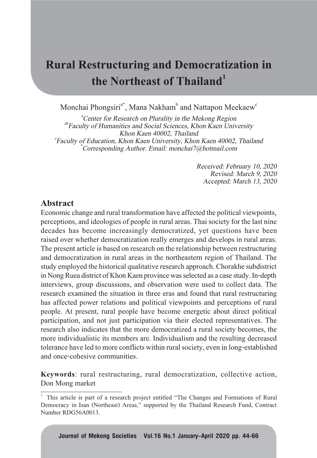 Rural Restructuring and Democratization in the Northeast Of