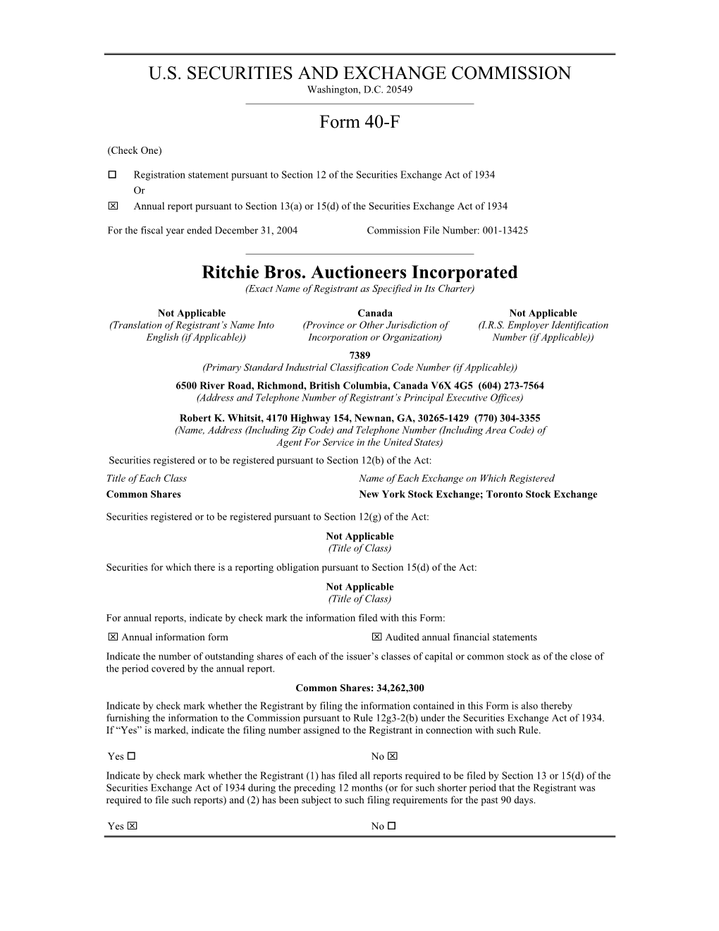 U.S. SECURITIES and EXCHANGE COMMISSION Form 40-F Ritchie