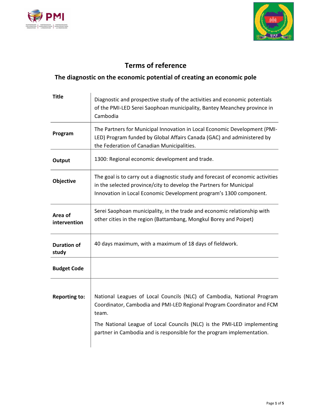 Terms of Reference the Diagnostic on the Economic Potential of Creating an Economic Pole