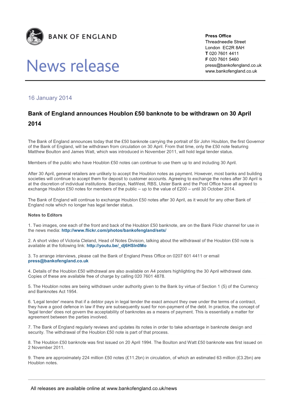 Bank of England Announces Houblon £50 Banknote to Be Withdrawn on 30 April 2014